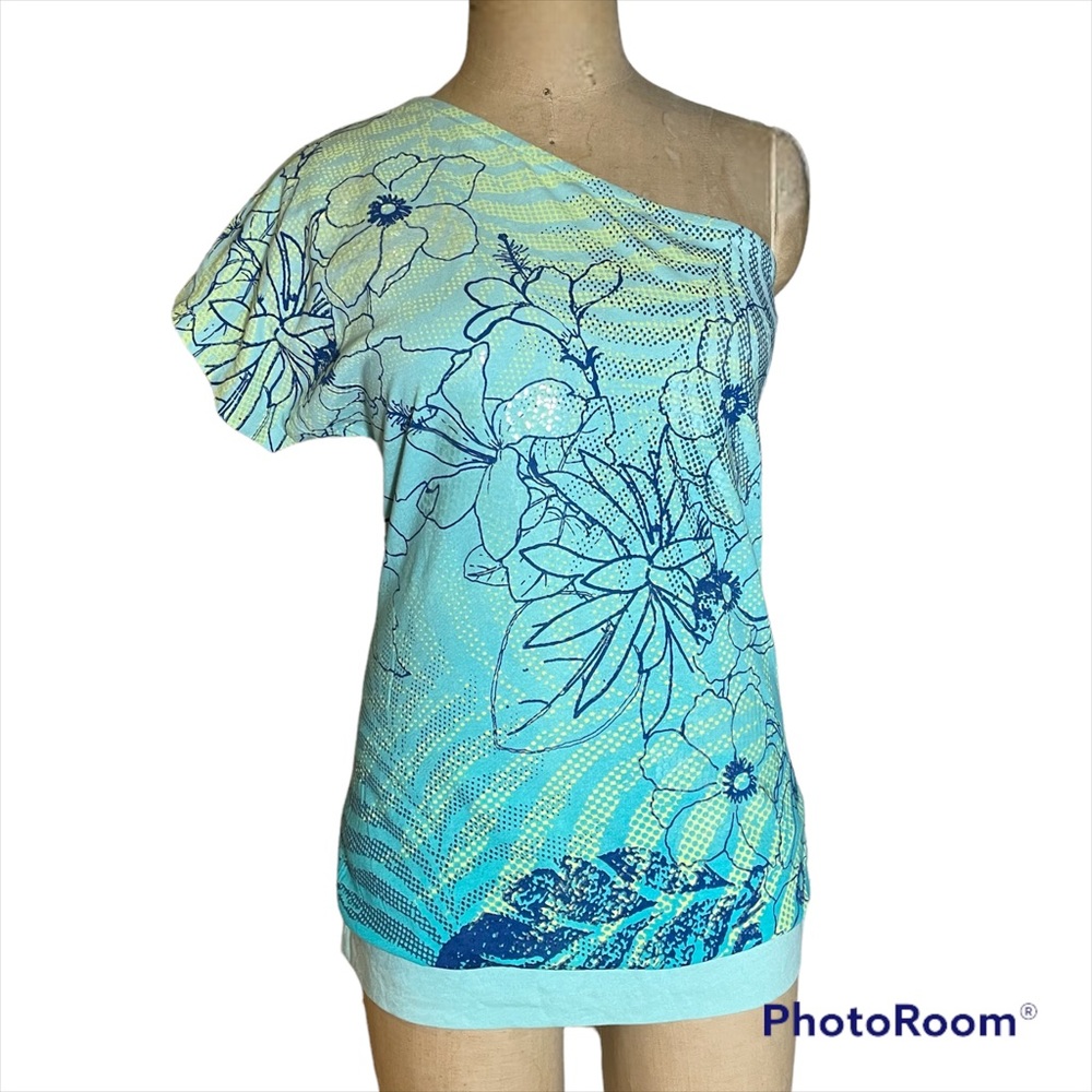 NWOT one shoulder aqua tunic top with tropical flower size S